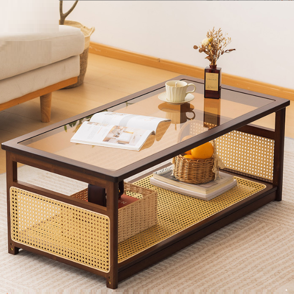 Traditional Japanese Glass Bamboo Rattan Metal Rectangular Hollow Coffee Table With 2-Tier For Living Room