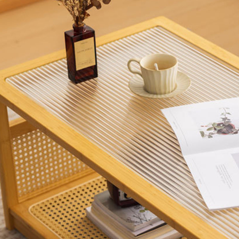 Traditional Japanese Glass Bamboo Rattan Metal Rectangular Hollow Coffee Table With 2-Tier For Living Room