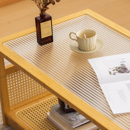 Traditional Japanese Glass Bamboo Rattan Metal Rectangular Hollow Coffee Table With 2-Tier For Living Room