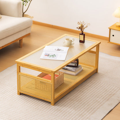 Traditional Japanese Glass Bamboo Rattan Metal Rectangular Hollow Coffee Table With 2-Tier For Living Room