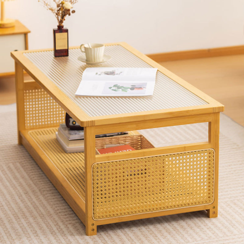 Traditional Japanese Glass Bamboo Rattan Metal Rectangular Hollow Coffee Table With 2-Tier For Living Room