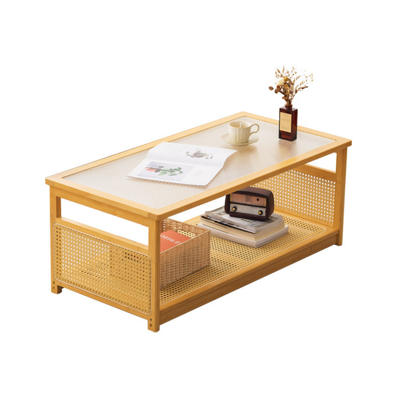 Traditional Japanese Glass Bamboo Rattan Metal Rectangular Hollow Coffee Table With 2-Tier For Living Room