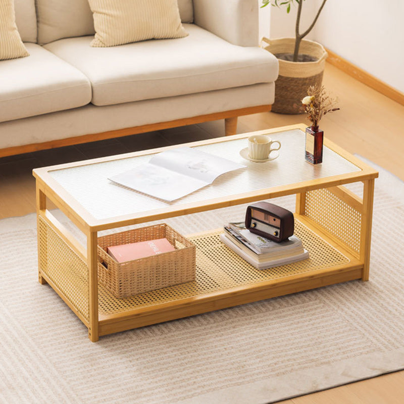Traditional Japanese Glass Bamboo Rattan Metal Rectangular Hollow Coffee Table With 2-Tier For Living Room