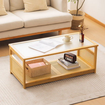 Traditional Japanese Glass Bamboo Rattan Metal Rectangular Hollow Coffee Table With 2-Tier For Living Room