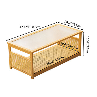 Traditional Japanese Glass Bamboo Rattan Metal Rectangular Hollow Coffee Table With 2-Tier For Living Room