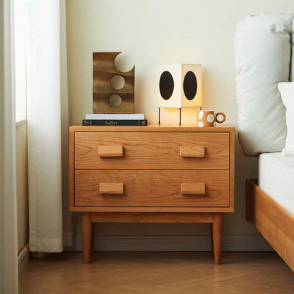 Contemporary Scandinavian Solid Wood Rectangular Cylindrical Nightstand 2-Drawer For Bedroom