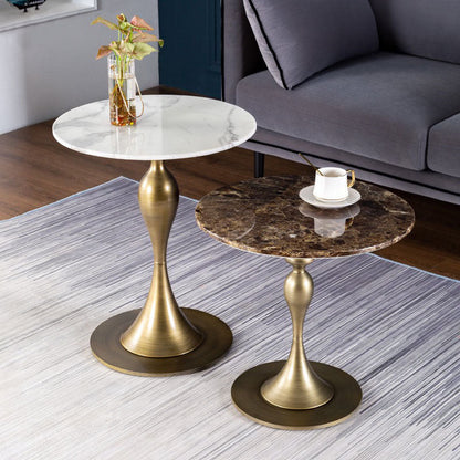 Contemporary Scandinavian Marble Metal Round End Table With 1-Tier For Living Room