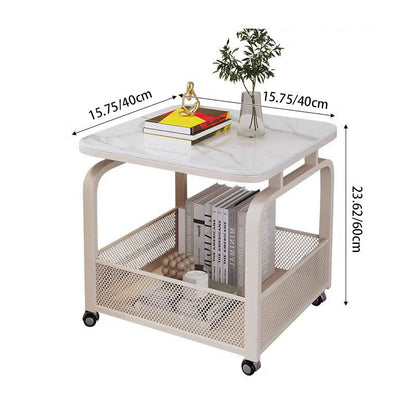 Modern Minimalist Stone Carbon Steel Rounded Square Side Table With 2-Tier Storage For Living Room
