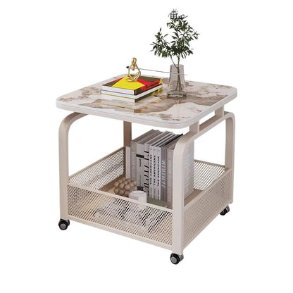 Modern Minimalist Stone Carbon Steel Rounded Square Side Table With 2-Tier Storage For Living Room
