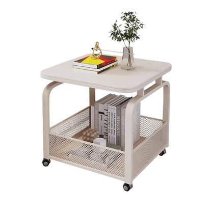 Modern Minimalist Stone Carbon Steel Rounded Square Side Table With 2-Tier Storage For Living Room