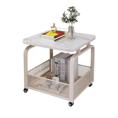 Modern Minimalist Stone Carbon Steel Rounded Square Side Table With 2-Tier Storage For Living Room