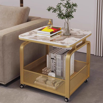 Modern Minimalist Stone Carbon Steel Rounded Square Side Table With 2-Tier Storage For Living Room