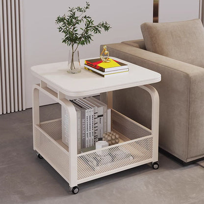 Modern Minimalist Stone Carbon Steel Rounded Square Side Table With 2-Tier Storage For Living Room