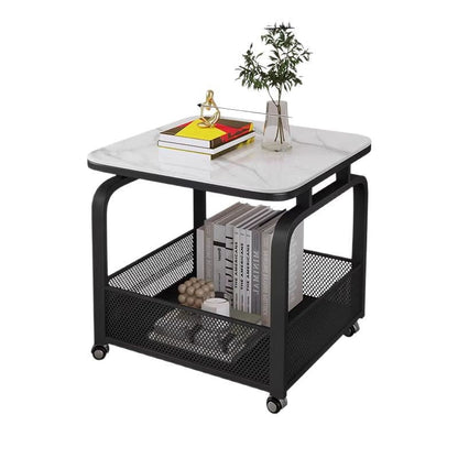 Modern Minimalist Stone Carbon Steel Rounded Square Side Table With 2-Tier Storage For Living Room