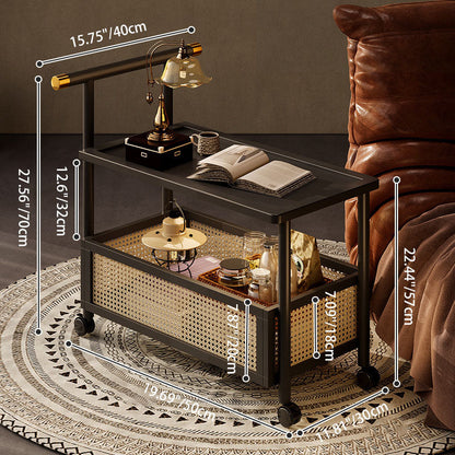 Traditional Chinese Bamboo Rattan Hollow Rectangular Mobile Side Table 2-Tier For Living Room