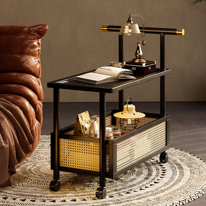 Traditional Chinese Bamboo Rattan Hollow Rectangular Mobile Side Table 2-Tier For Living Room