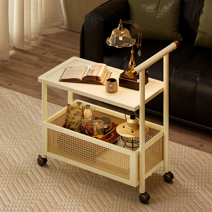Traditional Chinese Bamboo Rattan Hollow Rectangular Mobile Side Table 2-Tier For Living Room