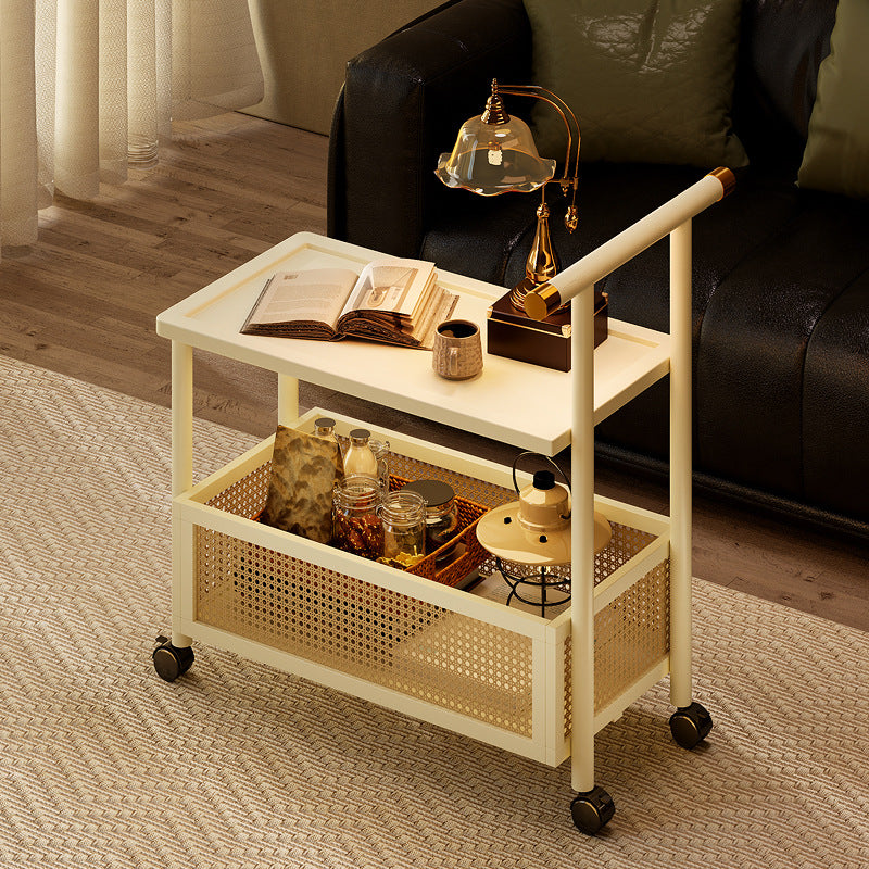 Traditional Chinese Bamboo Rattan Hollow Rectangular Mobile Side Table 2-Tier For Living Room