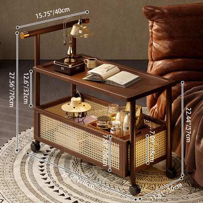 Traditional Chinese Bamboo Rattan Hollow Rectangular Mobile Side Table 2-Tier For Living Room