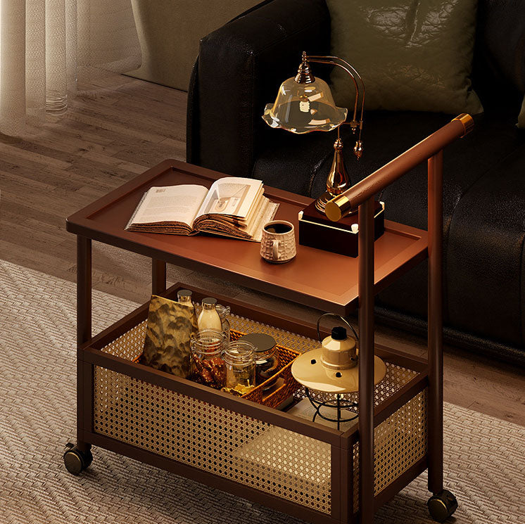 Traditional Chinese Bamboo Rattan Hollow Rectangular Mobile Side Table 2-Tier For Living Room