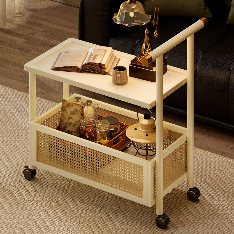 Traditional Chinese Bamboo Rattan Hollow Rectangular Mobile Side Table 2-Tier For Living Room