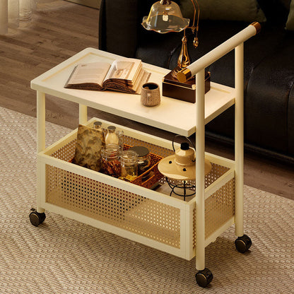 Traditional Chinese Bamboo Rattan Hollow Rectangular Mobile Side Table 2-Tier For Living Room