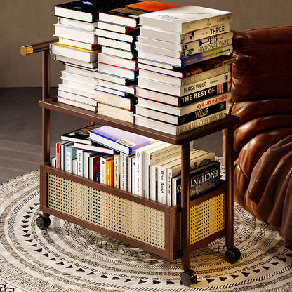 Traditional Chinese Bamboo Rattan Hollow Rectangular Mobile Side Table 2-Tier For Living Room