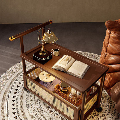Traditional Chinese Bamboo Rattan Hollow Rectangular Mobile Side Table 2-Tier For Living Room