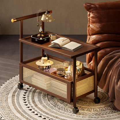 Traditional Chinese Bamboo Rattan Hollow Rectangular Mobile Side Table 2-Tier For Living Room