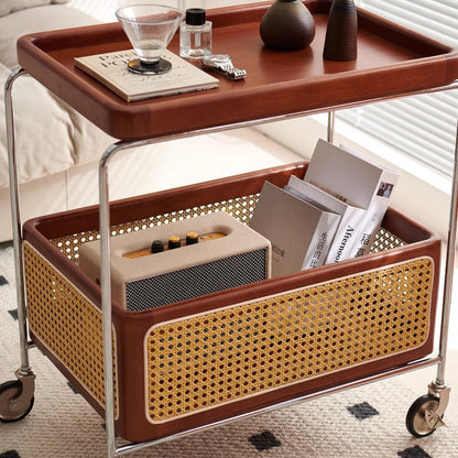 Traditional Japanese Solid Wood Metal Curved Mobile Rectangular Side Table 2-Tier For Living Room