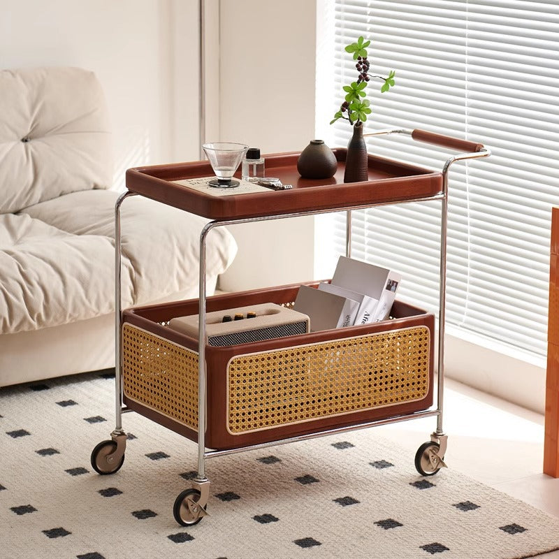 Traditional Japanese Solid Wood Metal Curved Mobile Rectangular Side Table 2-Tier For Living Room