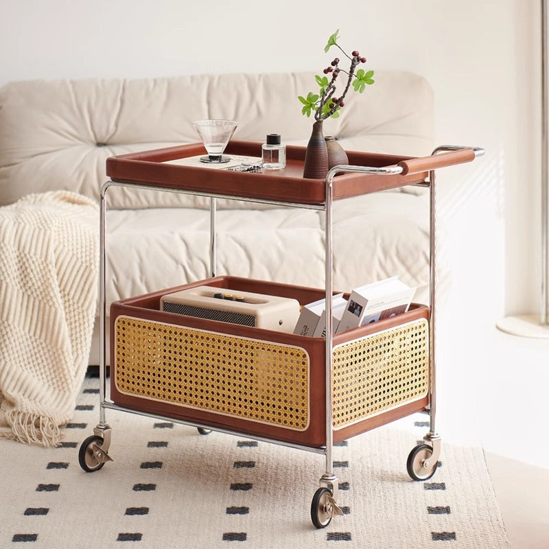 Traditional Japanese Solid Wood Metal Curved Mobile Rectangular Side Table 2-Tier For Living Room