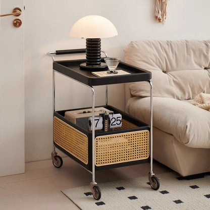 Traditional Japanese Solid Wood Metal Curved Mobile Rectangular Side Table 2-Tier For Living Room