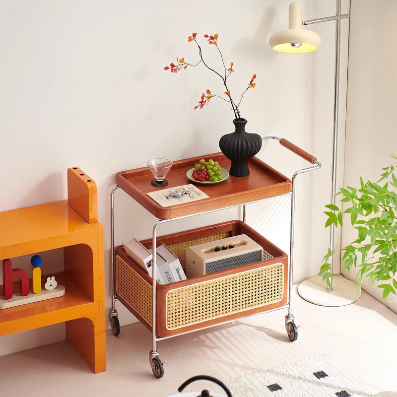 Traditional Japanese Solid Wood Metal Curved Mobile Rectangular Side Table 2-Tier For Living Room