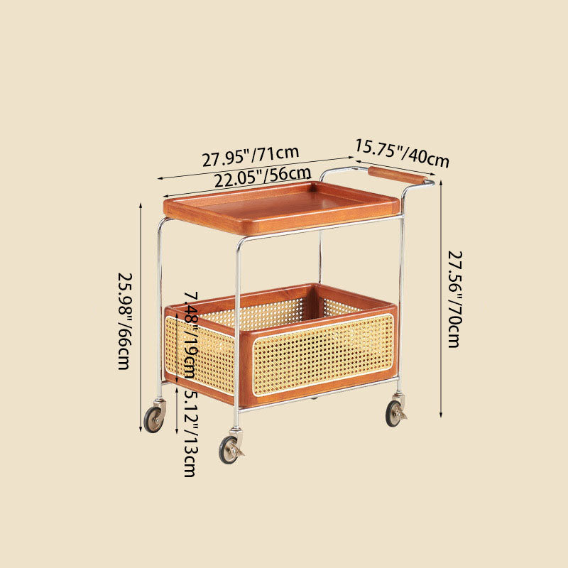 Traditional Japanese Solid Wood Metal Curved Mobile Rectangular Side Table 2-Tier For Living Room