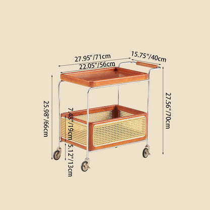 Traditional Japanese Solid Wood Metal Curved Mobile Rectangular Side Table 2-Tier For Living Room