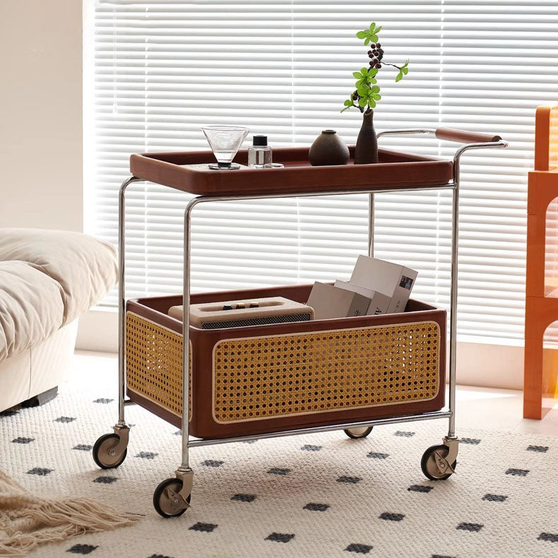 Traditional Japanese Solid Wood Metal Curved Mobile Rectangular Side Table 2-Tier For Living Room