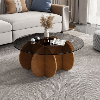 Contemporary Creative Tempered Glass Wood Round Curved Coffee Table 1-Tier For Living Room