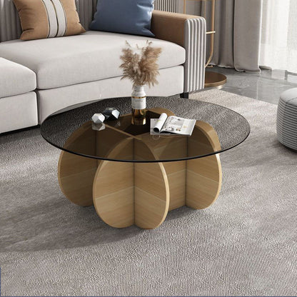 Contemporary Creative Tempered Glass Wood Round Curved Coffee Table 1-Tier For Living Room