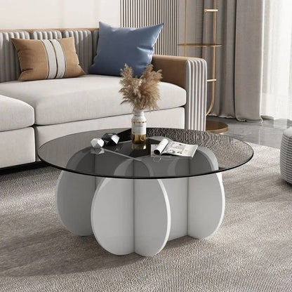 Contemporary Creative Tempered Glass Wood Round Curved Coffee Table 1-Tier For Living Room