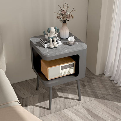 Contemporary Scandinavian Marble Metal Rounded Square Cylinder End Table With 2 Tiers For Living Room