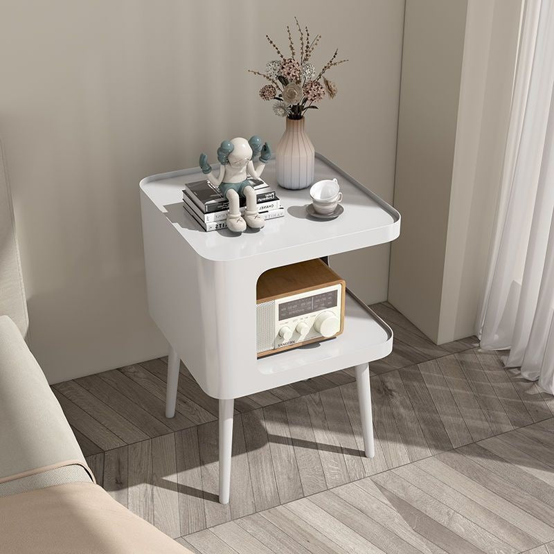 Contemporary Scandinavian Marble Metal Rounded Square Cylinder End Table With 2 Tiers For Living Room