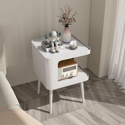 Contemporary Scandinavian Marble Metal Rounded Square Cylinder End Table With 2 Tiers For Living Room