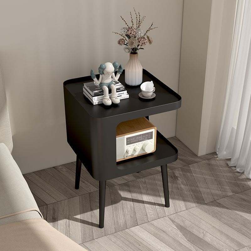 Contemporary Scandinavian Marble Metal Rounded Square Cylinder End Table With 2 Tiers For Living Room