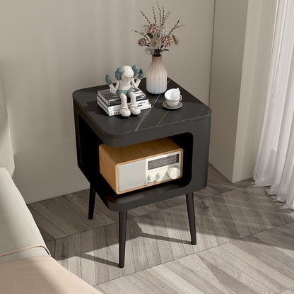 Contemporary Scandinavian Marble Metal Rounded Square Cylinder End Table With 2 Tiers For Living Room
