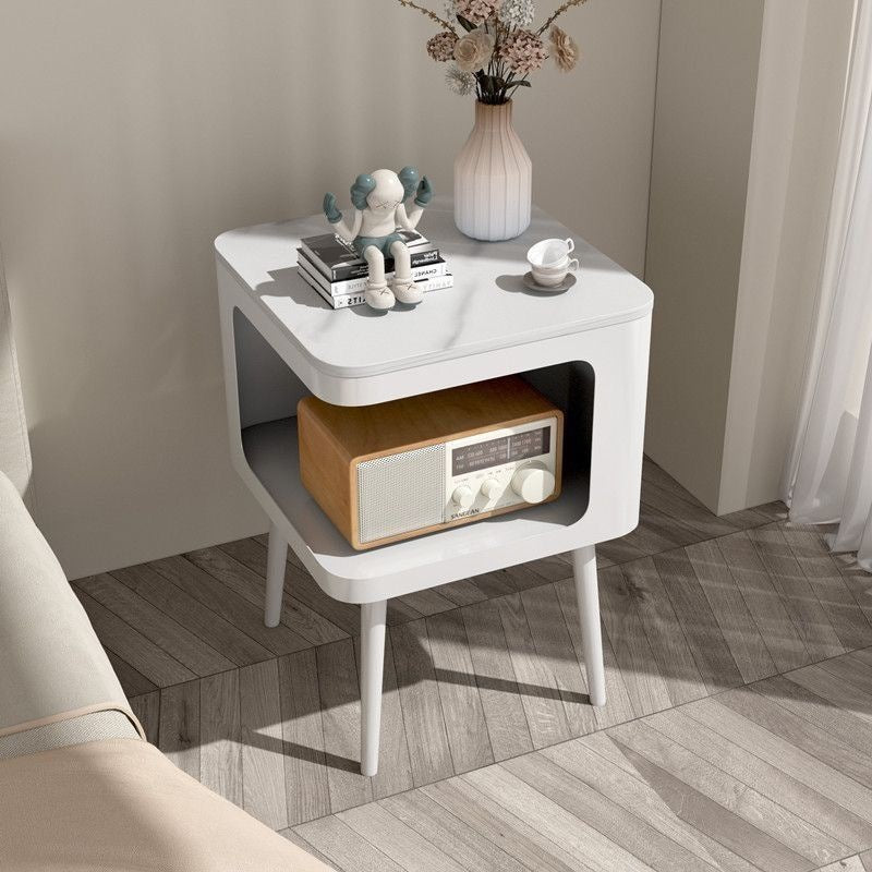 Contemporary Scandinavian Marble Metal Rounded Square Cylinder End Table With 2 Tiers For Living Room