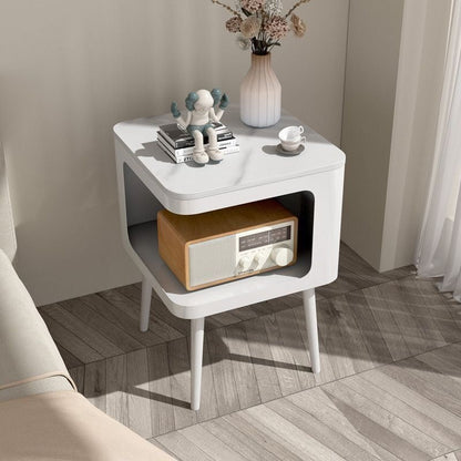 Contemporary Scandinavian Marble Metal Rounded Square Cylinder End Table With 2 Tiers For Living Room