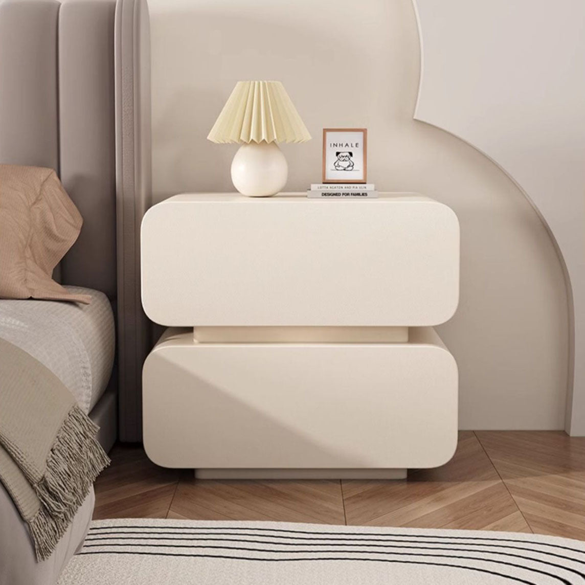 Modern Minimalist Faux Nappa Leather Solid Wood Rounded Rectangular Nightstand With 2 Drawers For Bedroom