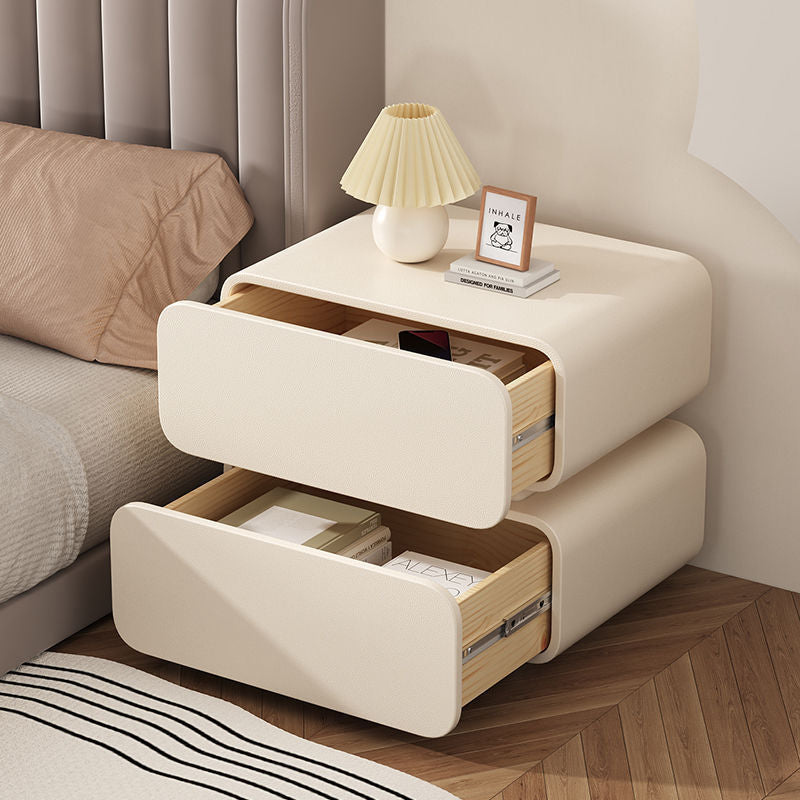 Modern Minimalist Faux Nappa Leather Solid Wood Rounded Rectangular Nightstand With 2 Drawers For Bedroom