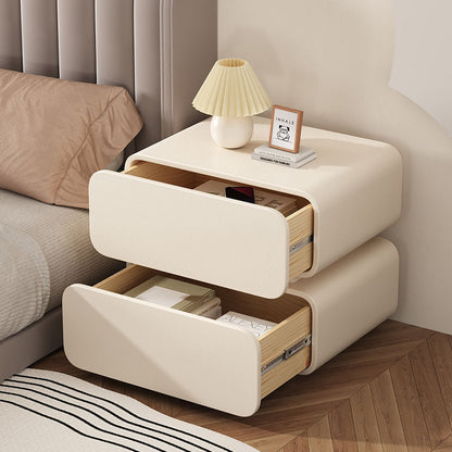 Modern Minimalist Faux Nappa Leather Solid Wood Rounded Rectangular Nightstand With 2 Drawers For Bedroom